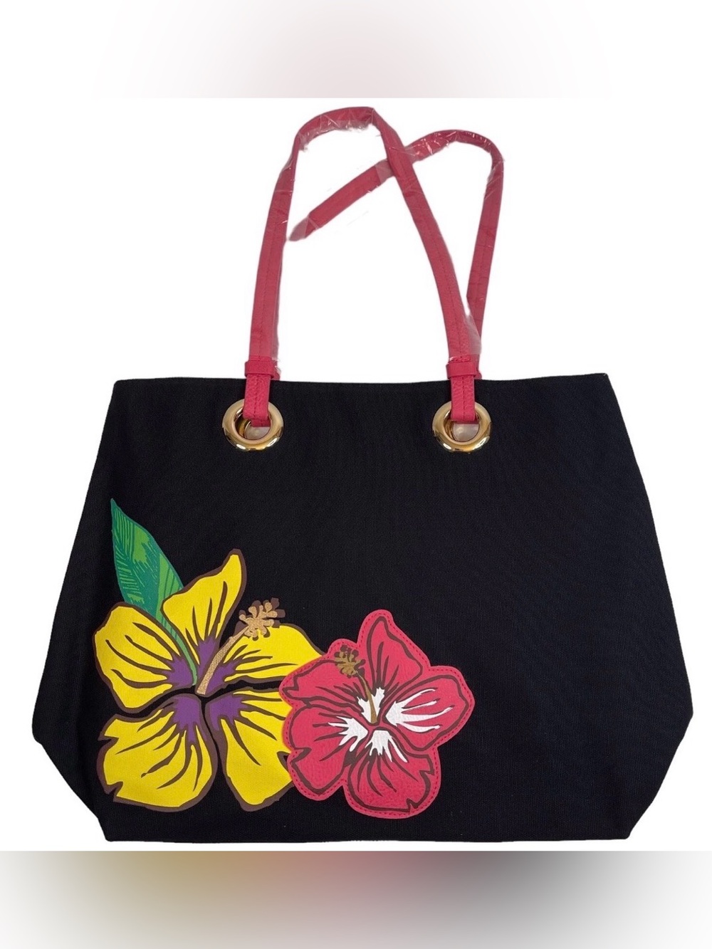 Avon Tropical Appliqué Floral Hibiscuss Black Pink Yellow Tote Bag